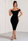 Gratitude Black Velvet Off The Shoulder Ruched Midi Dress