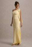 Here For Love Lemon Satin Asymmetric Maxi Dress With Bow