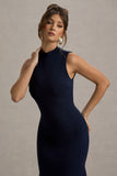 Janice Navy High-Neck Hanky-Hem Maxi Dress