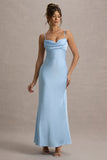 Eimear Powder Blue Satin Draped Sweetheart Maxi Dress