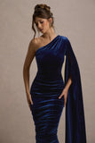Gianna Navy Velvet One Shoulder Cape Bodycon Midi Dress