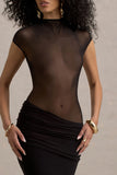 Asia Black Sheer Short-Sleeve Draped Maxi Dress