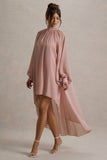 Delphia Pale Pink High-Neck Maxi Dress With High-Low Hem