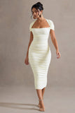 Paxos Ecru Ruched Short-Sleeve Midi Dress