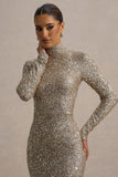 Galaxy Champagne Sequin Turtle-Neck Long-Sleeve Maxi Dress