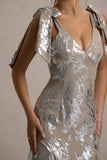 Lula Champagne Metallic Plunge-Neck Maxi Dress With Bow Straps