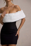 Little Luxe Black Bardot Mini Dress With White Fur Trim