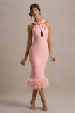 Titania Pink Twist-Neck Feather Hem Midi Dress