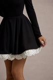 Azelie Black & White Square-Neck Floral-Trim Mini Dress