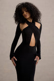 Gita Black Halter-Neck Long-Sleeve Maxi Dress