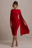 Marysol Red Asymmetric Cape Midi Dress
