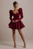 Murphy Burgundy Satin Belted Mini Dress With Puff Sleeves