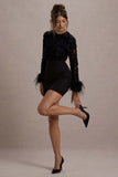 Charli Black Mesh Long-Sleeve Feather-Trim Mini Dress
