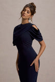 Dorothea Navy Draped Midi Dress With Cape