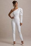 San Jose White One-Shoulder Puff-Sleeve Jumpsuit