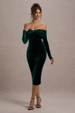 Compliment Bottle Green Velvet Bardot Midi Dress