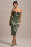 Soprano Olive Floral Print Satin Sweetheart Lace Trim Midi Dress