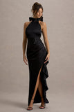 Maureen Black Satin High-Neck Draped Maxi Dress