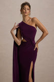 Brona Plum One-Shoulder Cape-Sleeve Split Maxi Dress