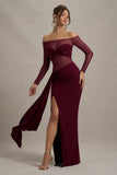 Cover Star Burgundy Mesh Bardot Long-Sleeve Draped Maxi Dress