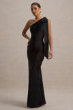 Here For Love Black Satin Asymmetric Maxi Dress With Bow