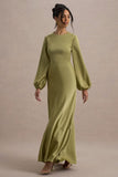 Crawley Light Green Satin Puff-Sleeve Maxi Dress