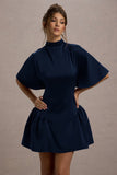 Alva Navy High-Neck Short-Sleeve Mini Dress With Volume Skirt