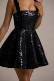 Carena Black Sequin Lace Floral Skater Mini Dress