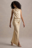 Hayden Sand High-Neck Draped Split Maxi Dress