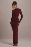 Hespera Port High-Neck Long-Sleeve Gathered Maxi Dress