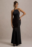 Frida Black Satin Halter-Neck Backless Maxi Dress