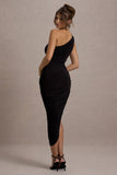 Dorit Black One Shoulder Asymmetric Ruched Midi Dress