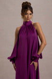 Baila Mulberry Satin High-Neck Cape-Sleeve Maxi Dress