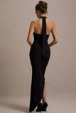 Jaiya Black Ruched Halter-Neck Asymmetric Maxi Dress