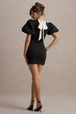 Delaney Black Puff-Sleeve Mini Dress With White Bow