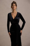 Arcadia Black Velvet Plunge-Neck Wrap Midi Dress