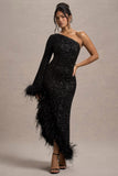 Shadow Black Sequin One-Shoulder Feather Trim Maxi Dress