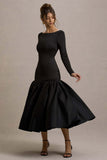 Perpetua Black Drop-Waist Midi Dress With Volume Skirt