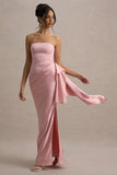 Loz Light Pink Satin Bandeau Draped Maxi Dress