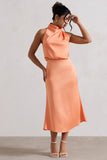 Geena Peach Satin Twisted High-Neck Midi Dress