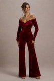 Borealis Berry Velvet Long-Sleeved Bardot Jumpsuit