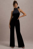 Alondra Black Velvet High-Neck Straight-Leg Jumpsuit