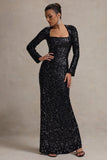 My Dream Black Sequin Square-Neck Long-Sleeve Maxi Dress