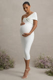 Admired White Ruched One-Shoulder Maternity Midi Dress
