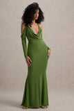 Hurghada Green Plunge-Neck Long-Sleeve Maxi Dress