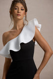 Berkley Black & White Ruffled One-Shoulder Maxi Dress