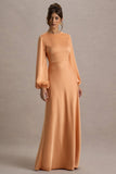 Crawley Peach Satin Puff-Sleeve Maxi Dress
