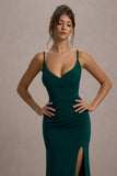 Jeanne Bottle Green Plunge Ruched Cami Maxi Dress With Split