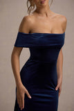 Halia Navy Velvet Bardot Midi Dress