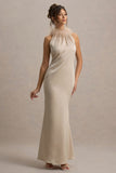 Bianca Champagne Satin Feather-Trim Maxi Dress